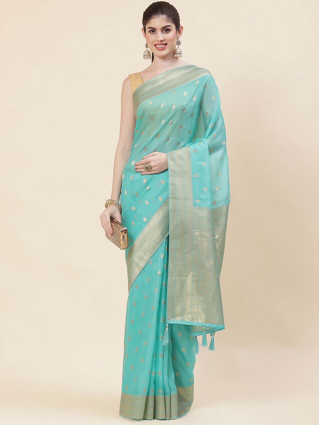 

Meena Bazaar Sea Green & Gold-Toned Woven Design Zari Organza Saree