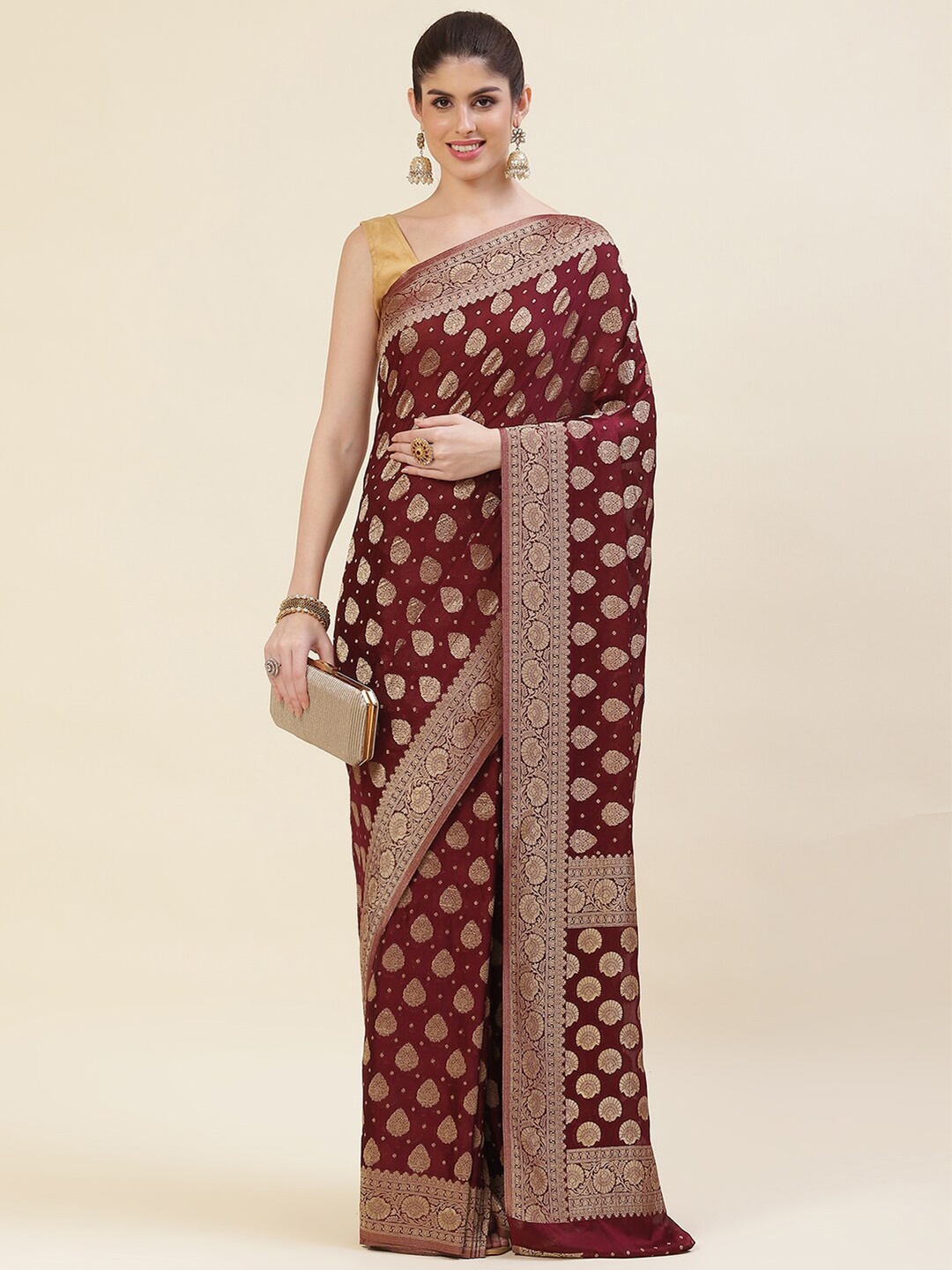 

Meena Bazaar Maroon & Gold-Toned Woven Design Zari Saree