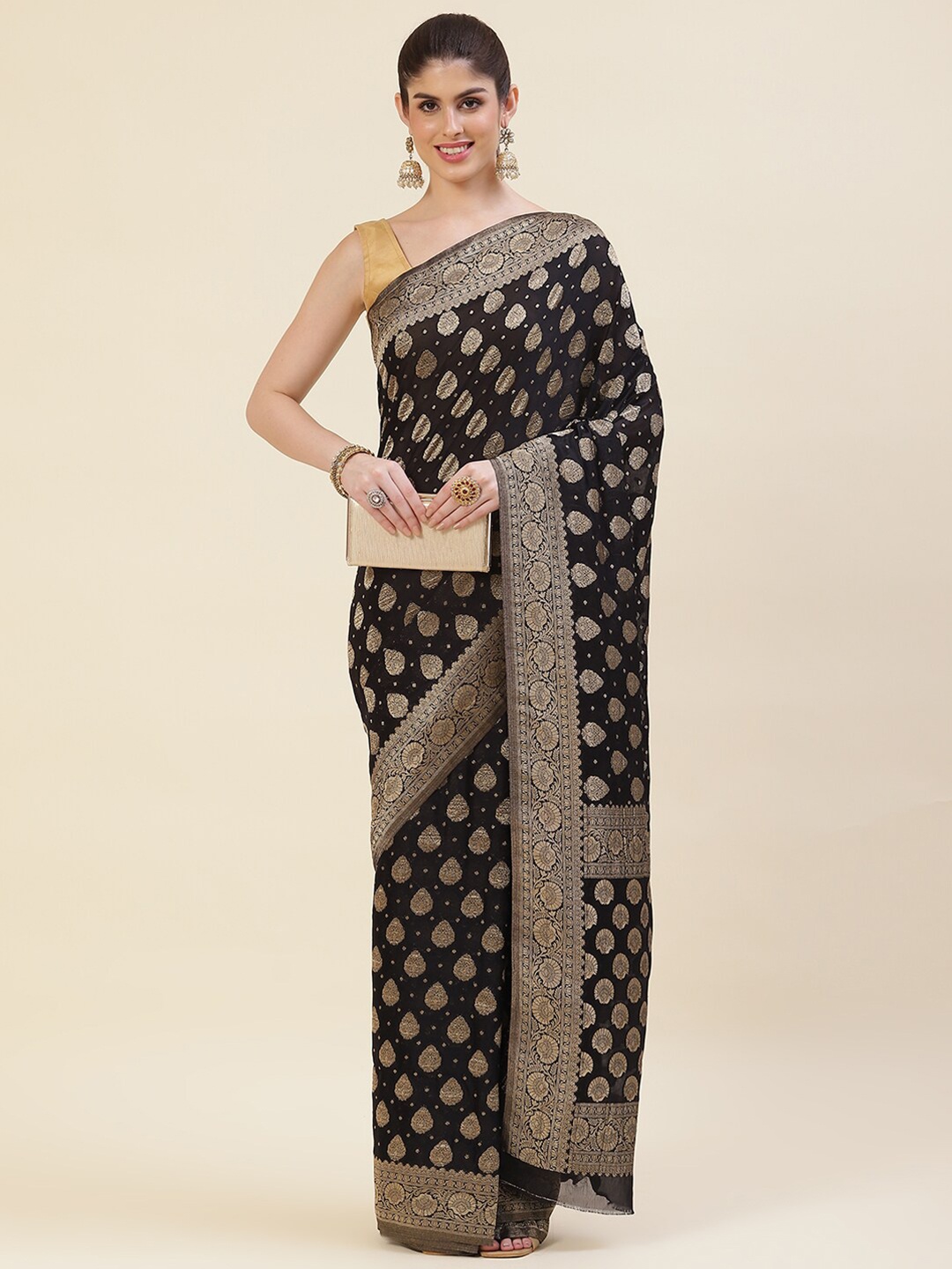 

Meena Bazaar Black & Gold-Toned Woven Design Zari Georgette Saree