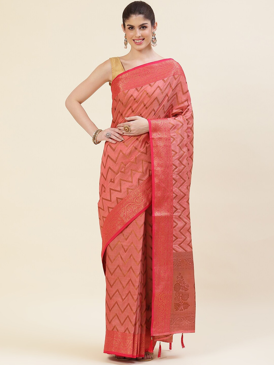 

Meena Bazaar Pink & Gold-Toned Woven Design Zari Art Silk Saree