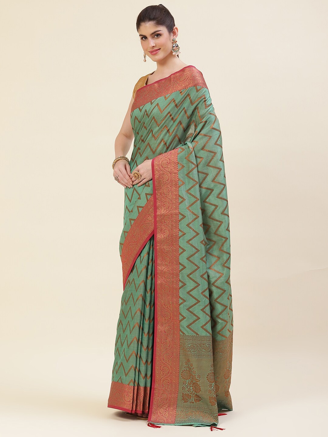 

Meena Bazaar Sea Green & Red Woven Design Zari Art Silk Saree