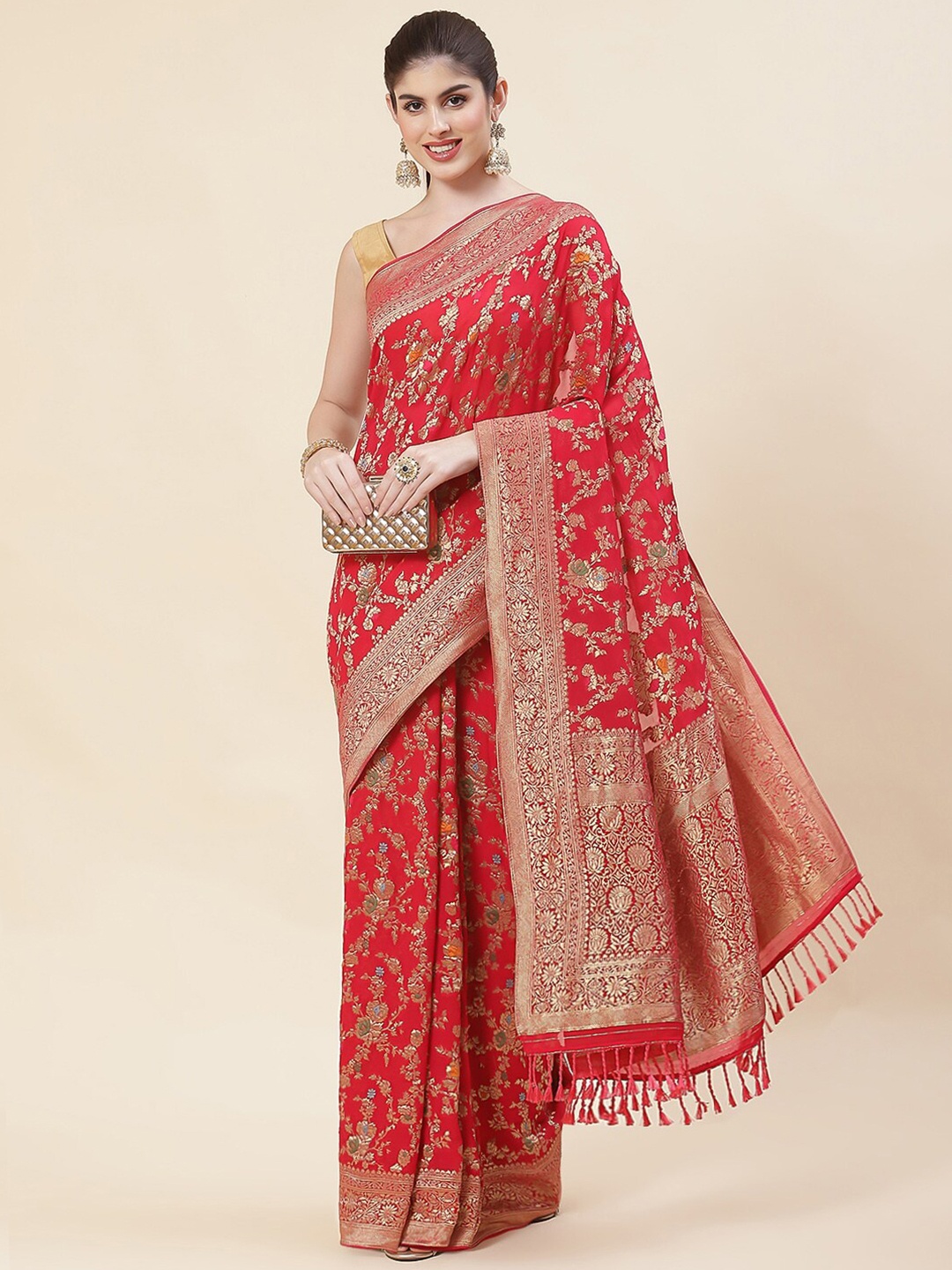 

Meena Bazaar Pink & Gold-Toned Woven Design Zari Saree