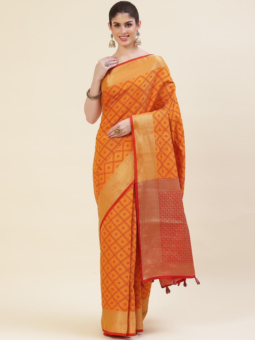

Meena Bazaar Mustard & Red Woven Design Zari Art Silk Saree