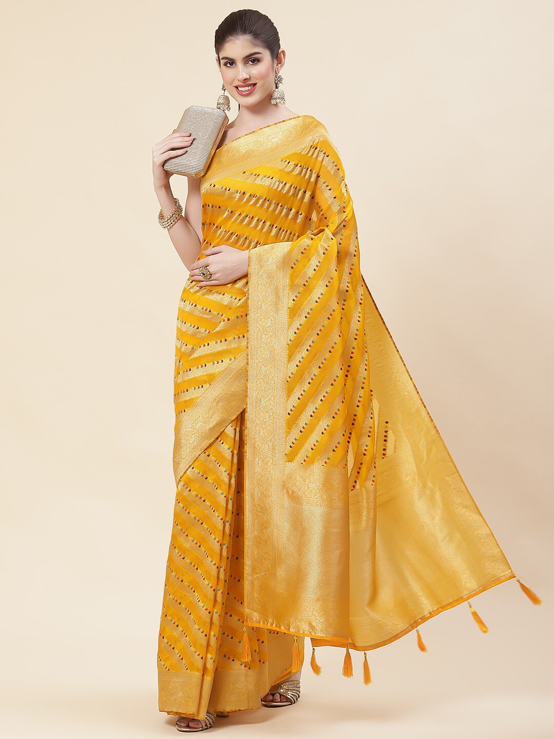 

Meena Bazaar Yellow & Gold-Toned Woven Design Zari Organza Saree