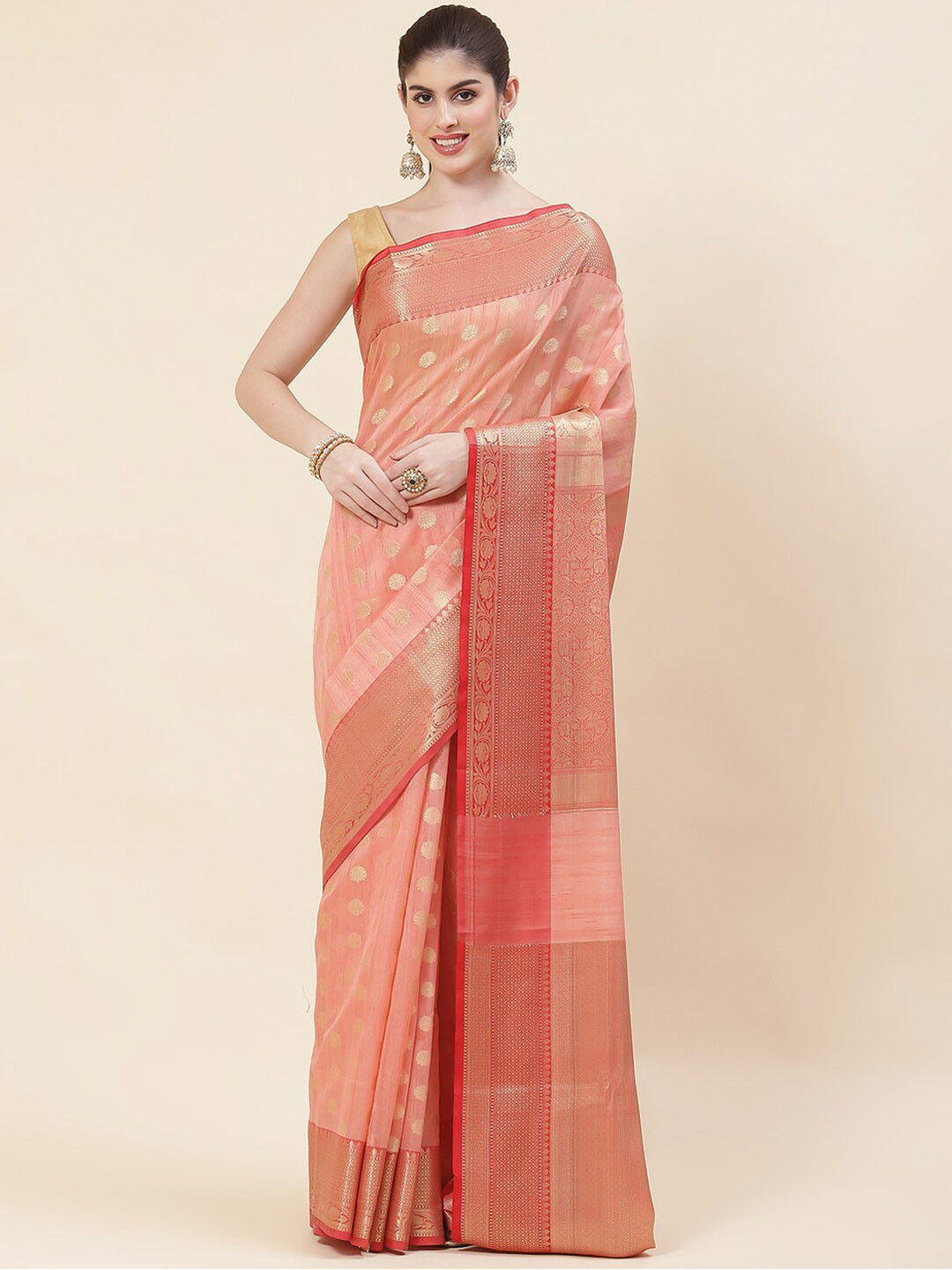 

Meena Bazaar Woven Design Zari Saree, Peach