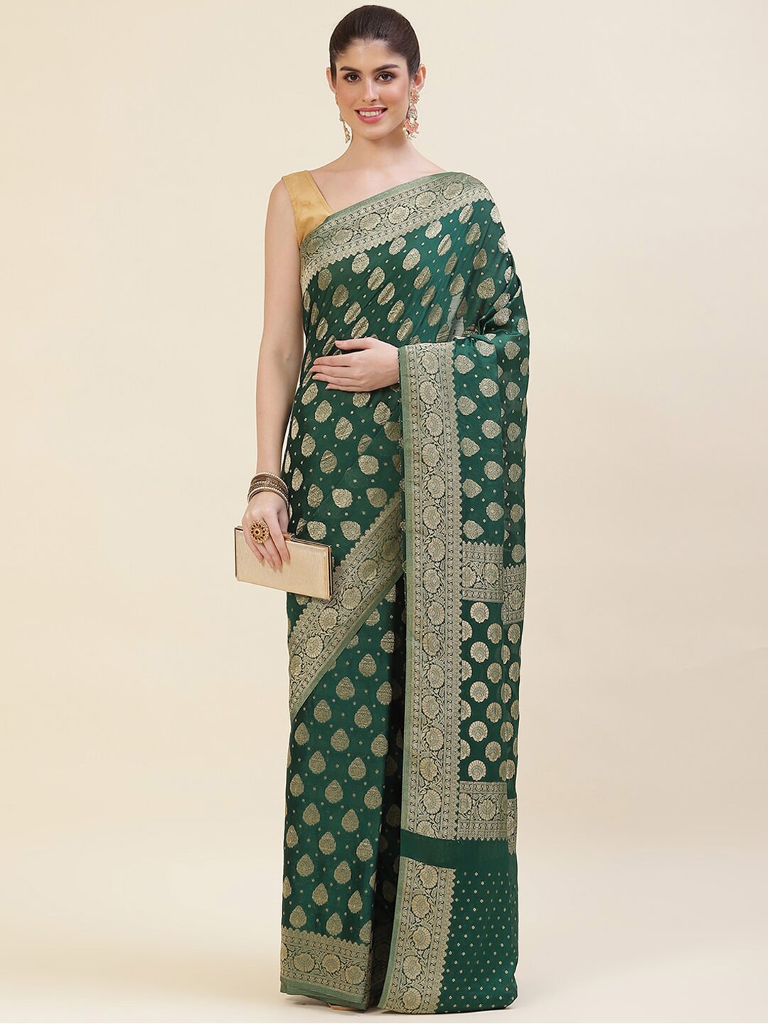 

Meena Bazaar Ethnic Motifs Woven Design Zari Georgette Saree, Green