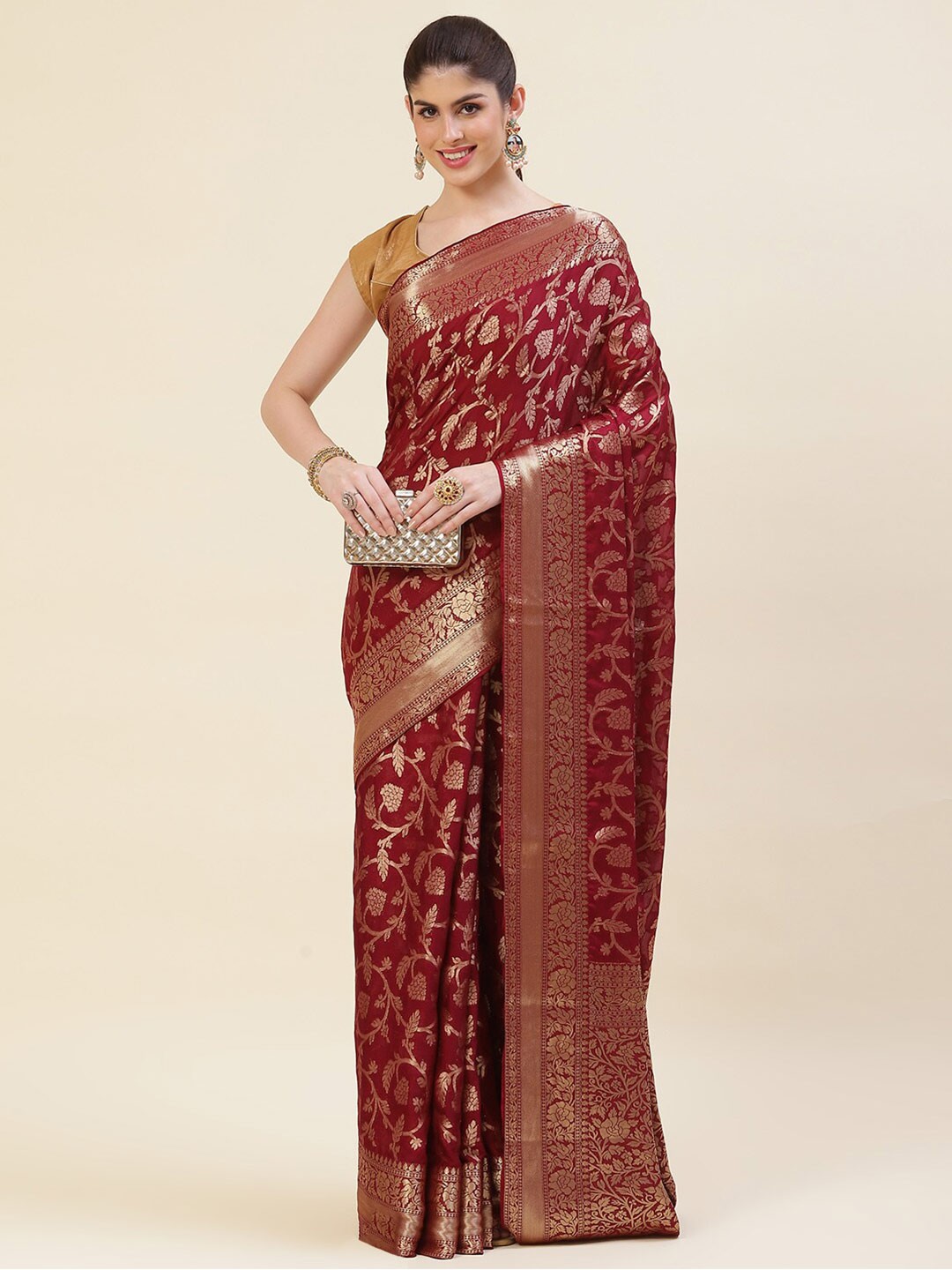 

Meena Bazaar Floral Woven Design Zari Poly Crepe Saree, Maroon
