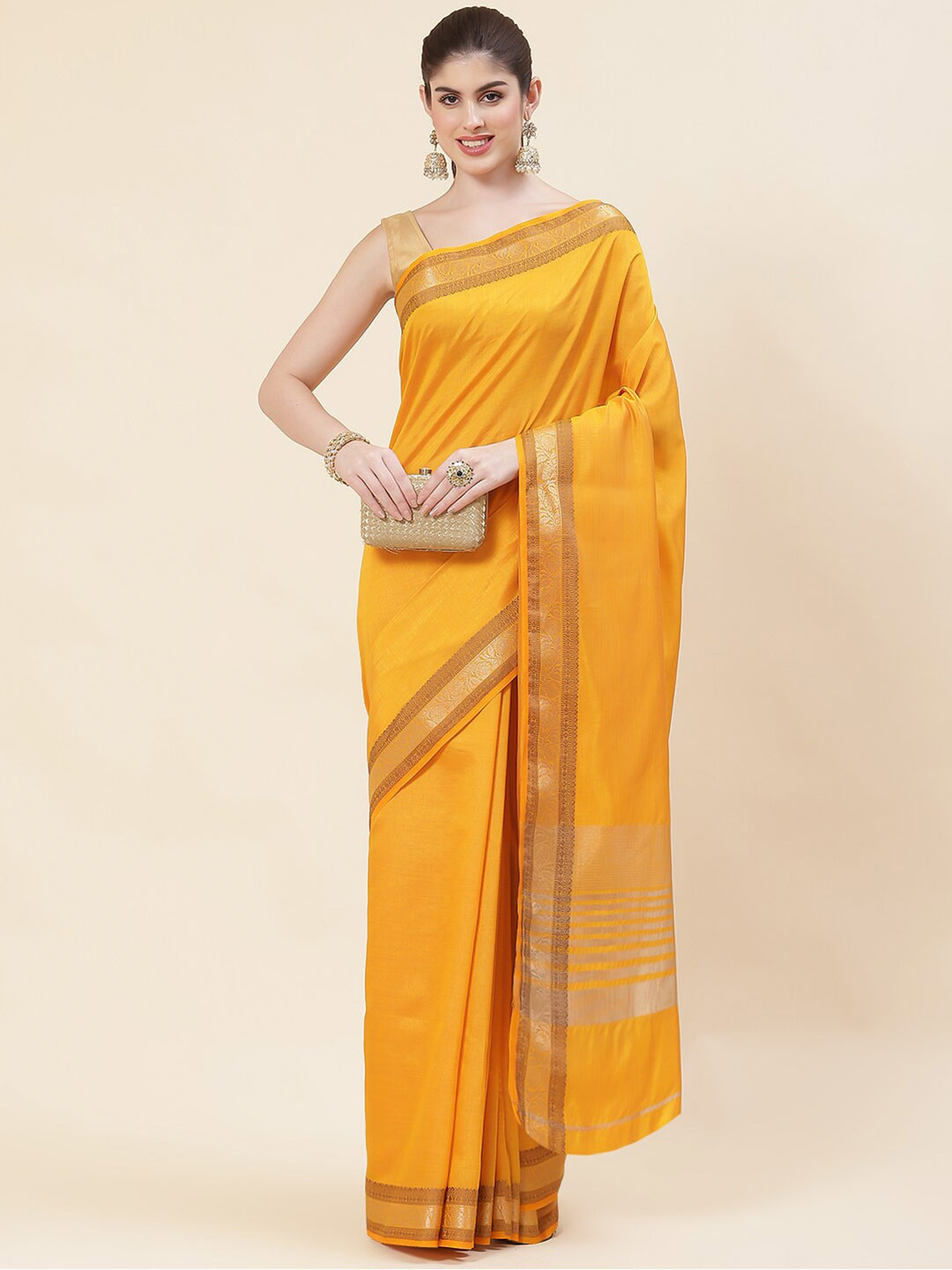 

Meena Bazaar Woven Design Border Zari Art Silk Saree, Mustard