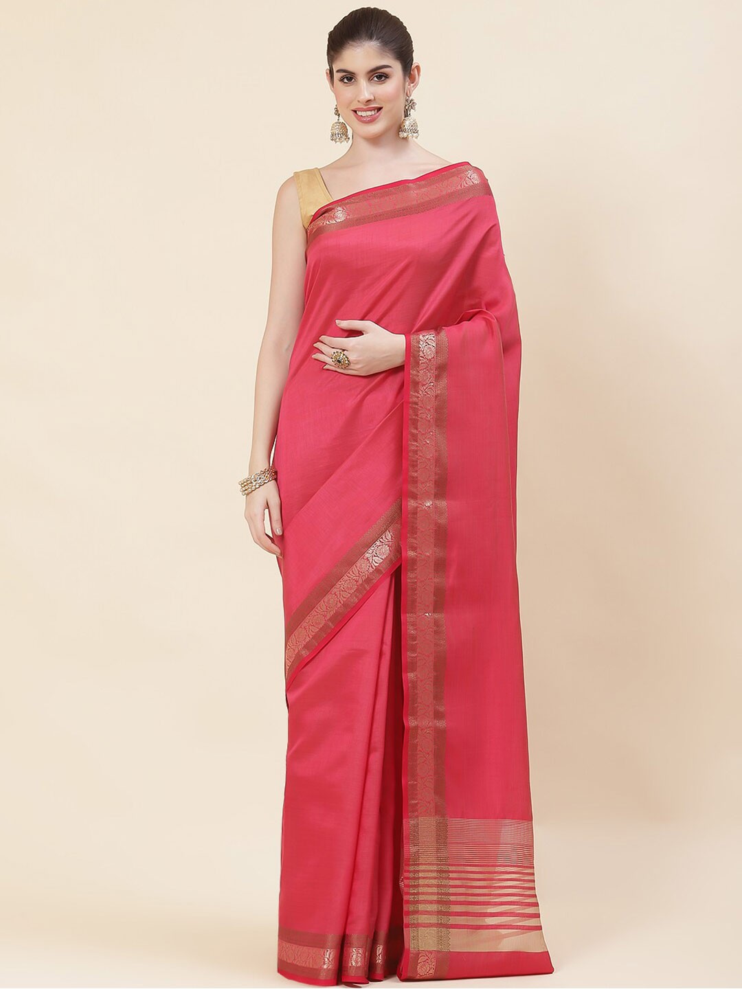 

Meena Bazaar Woven Design Border Zari Art Silk Saree, Pink