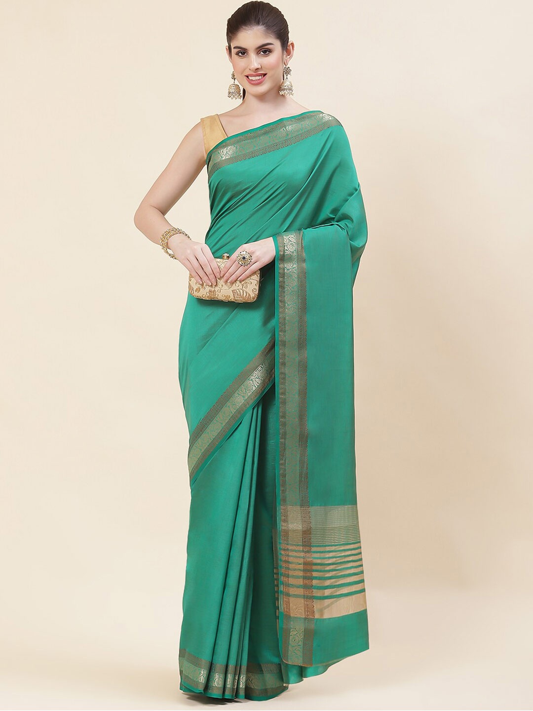 

Meena Bazaar Green & Gold-Toned Zari Art Silk Handloom Saree