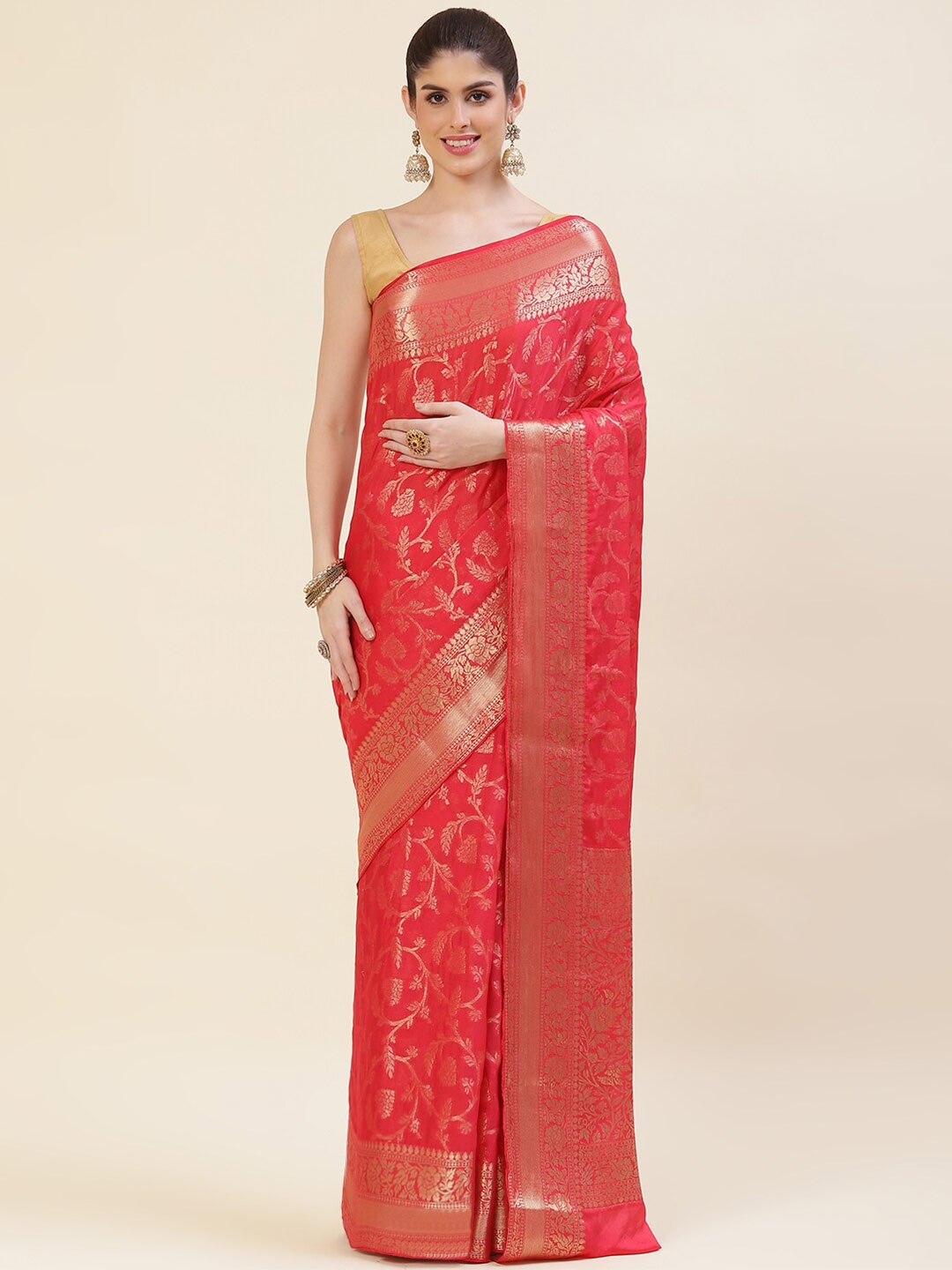 

Meena Bazaar Floral Woven Design Zari Saree, Pink