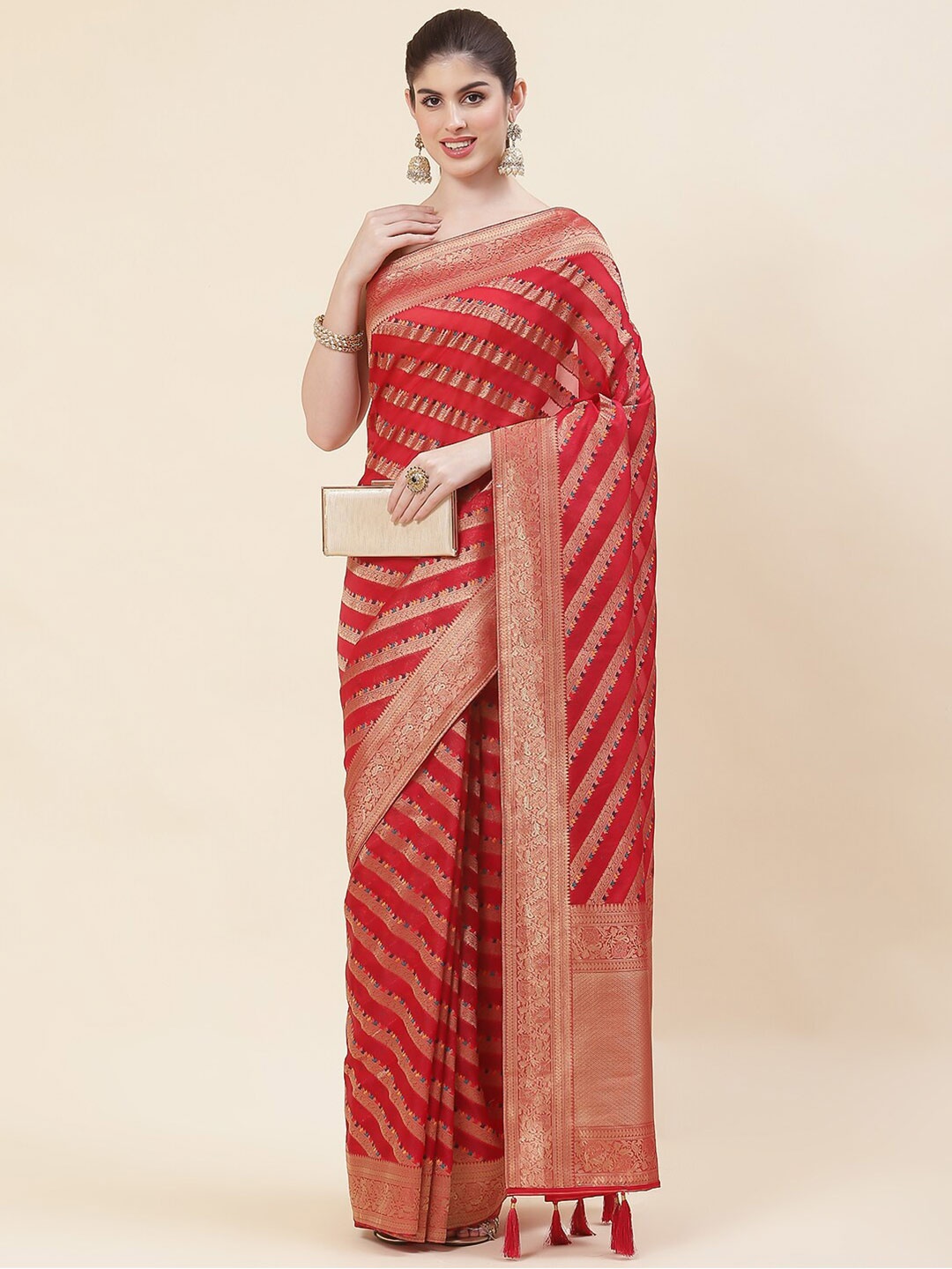 

Meena Bazaar Ethnic Motifs Woven Design Zari Organza Saree, Pink