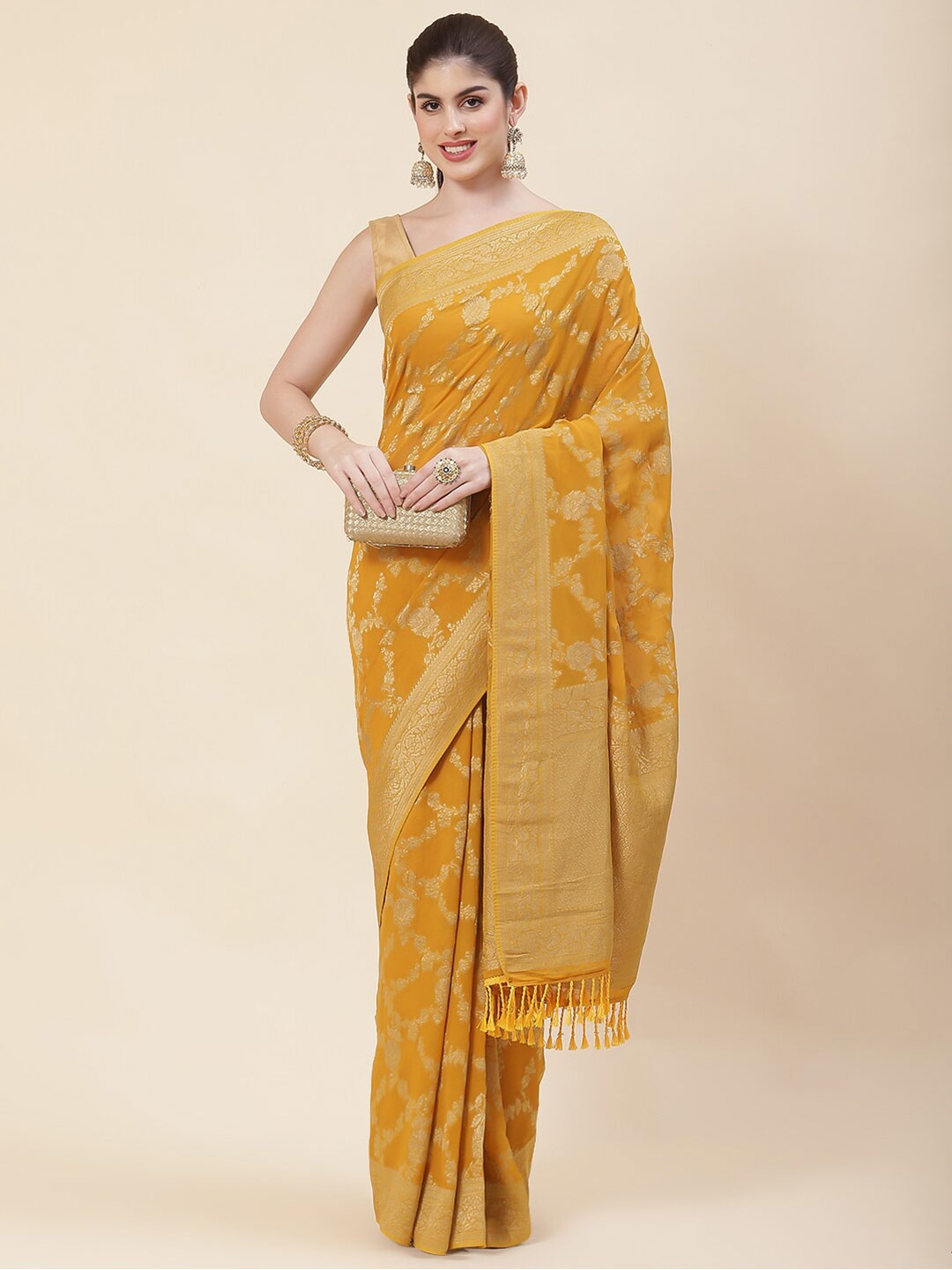 

Meena Bazaar Floral Woven Design Zari Georgette Saree, Mustard