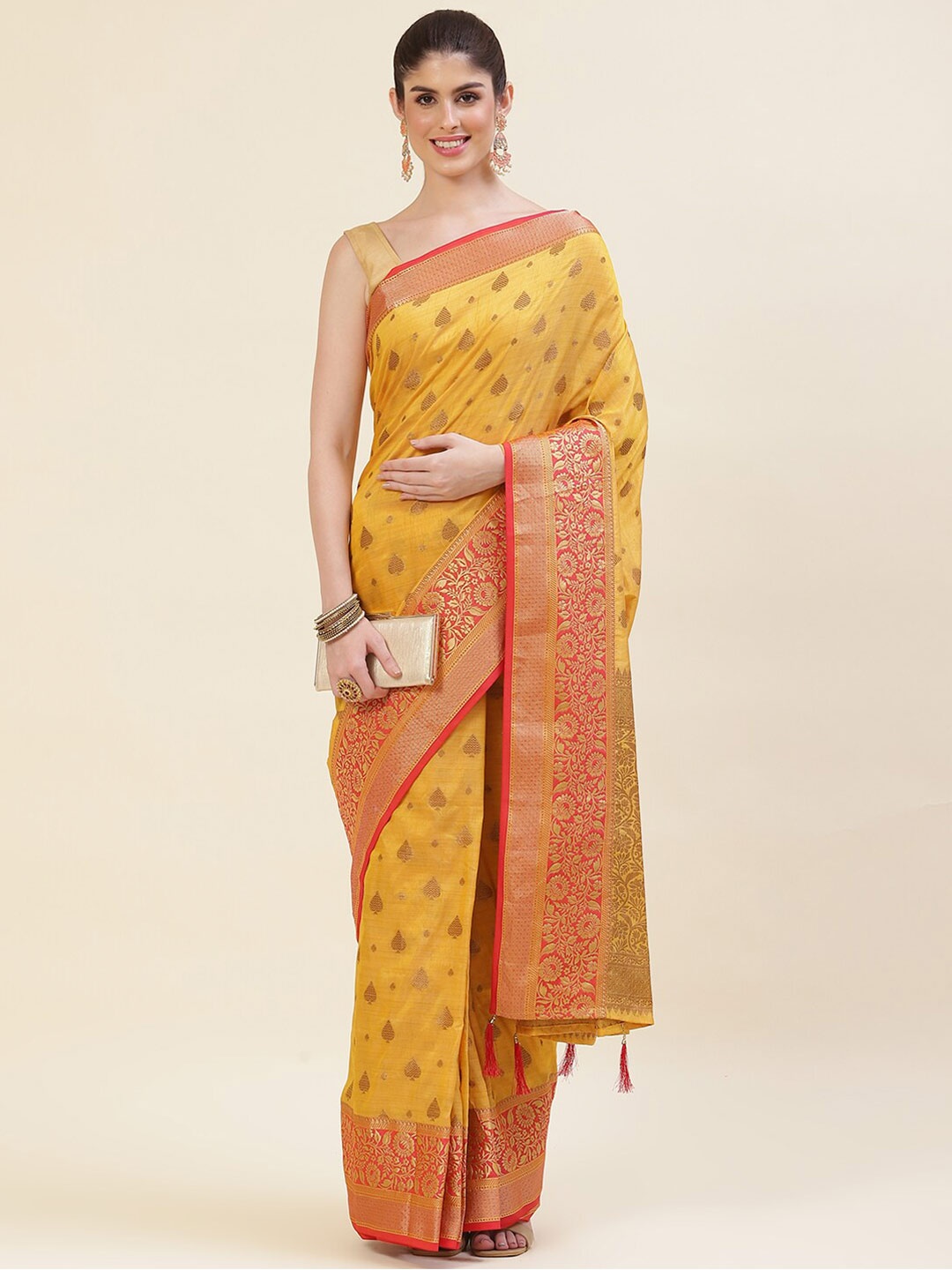 

Meena Bazaar Ethnic Motifs Woven Design Zari Art Silk Saree, Yellow
