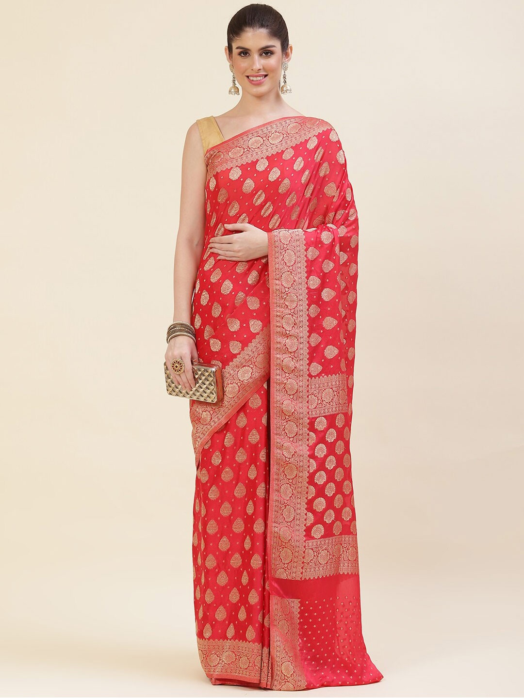 

Meena Bazaar Ethnic Motifs Woven Design Zari Georgette Saree, Pink