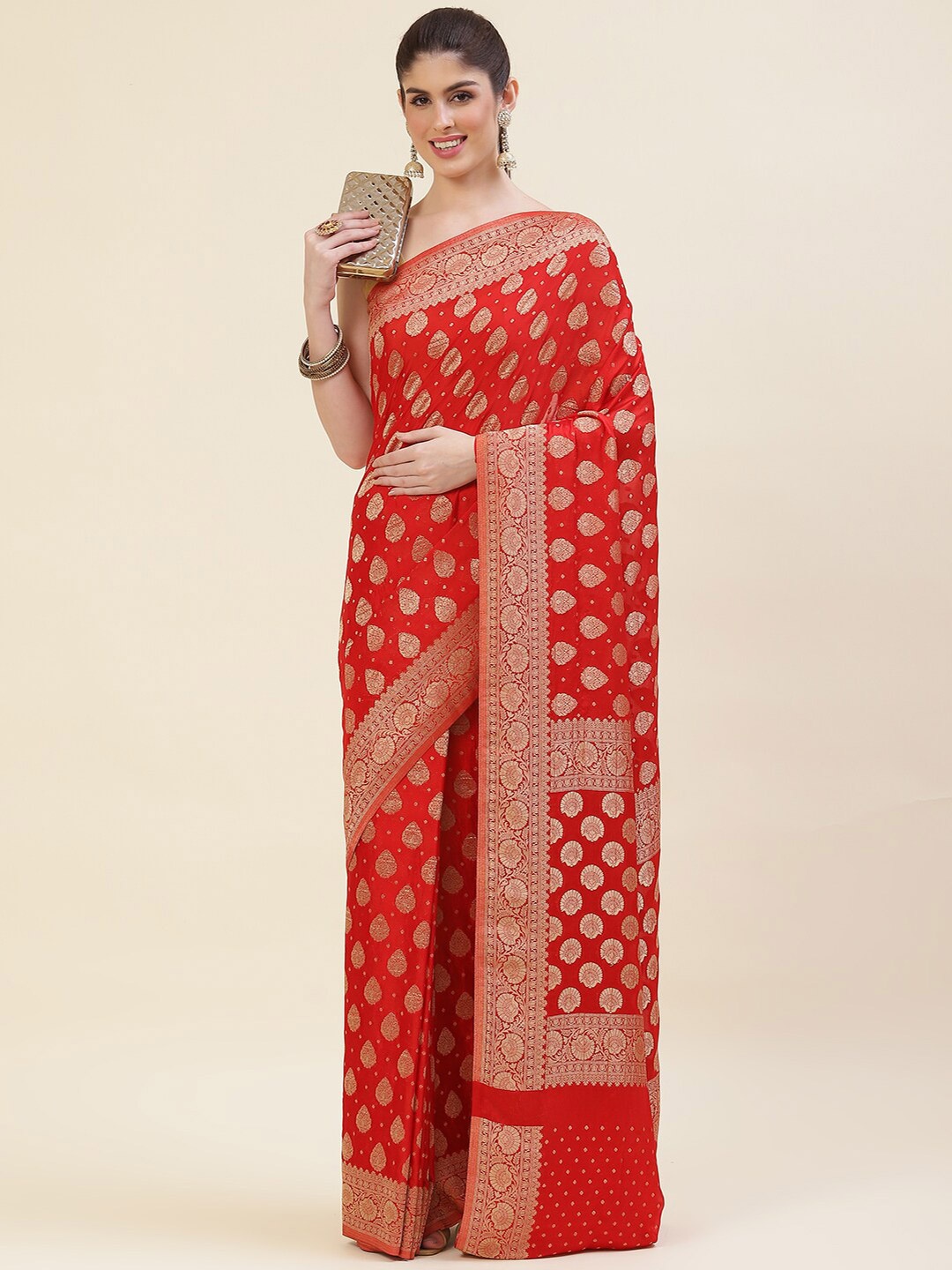 

Meena Bazaar Ethnic Motifs Woven Design Zari Georgette Saree, Red