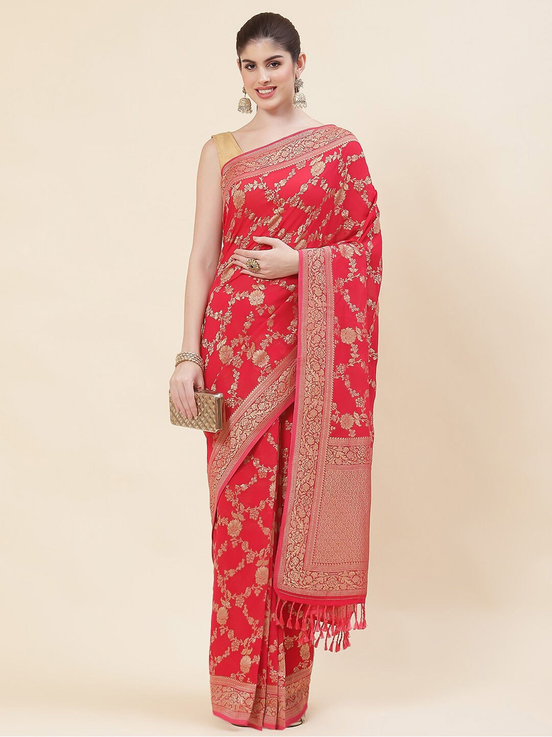 

Meena Bazaar Ethnic Motifs Woven Design Zari Georgette Saree, Pink