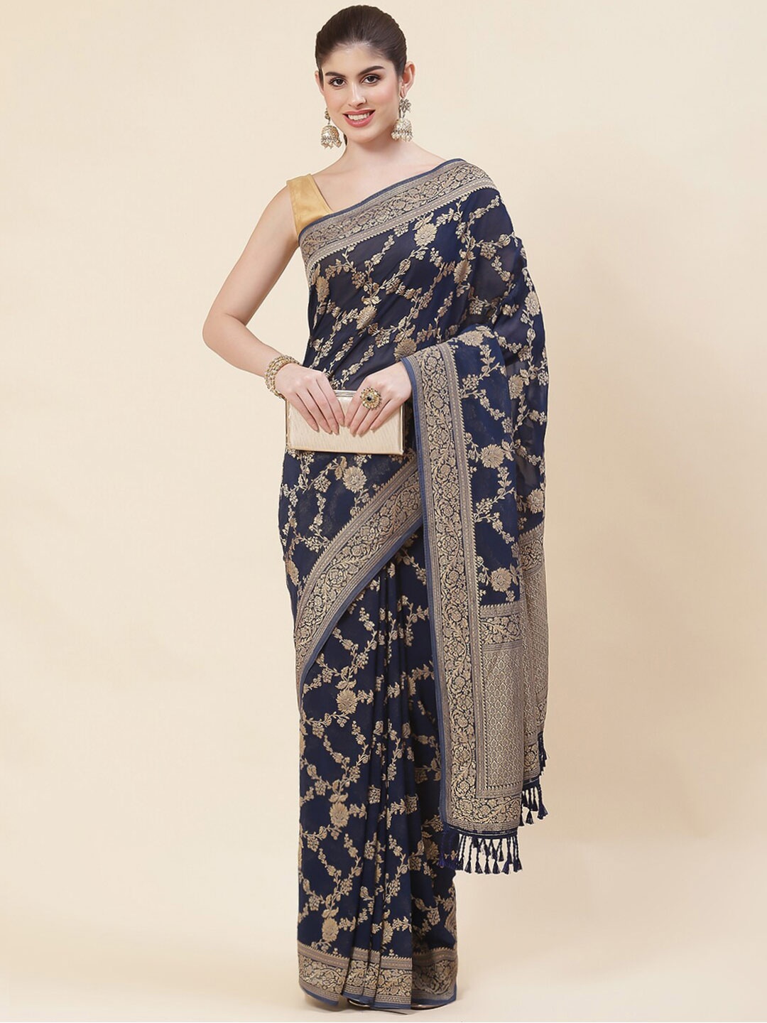 

Meena Bazaar Ethnic Motifs Woven Design Zari Georgette Saree, Navy blue