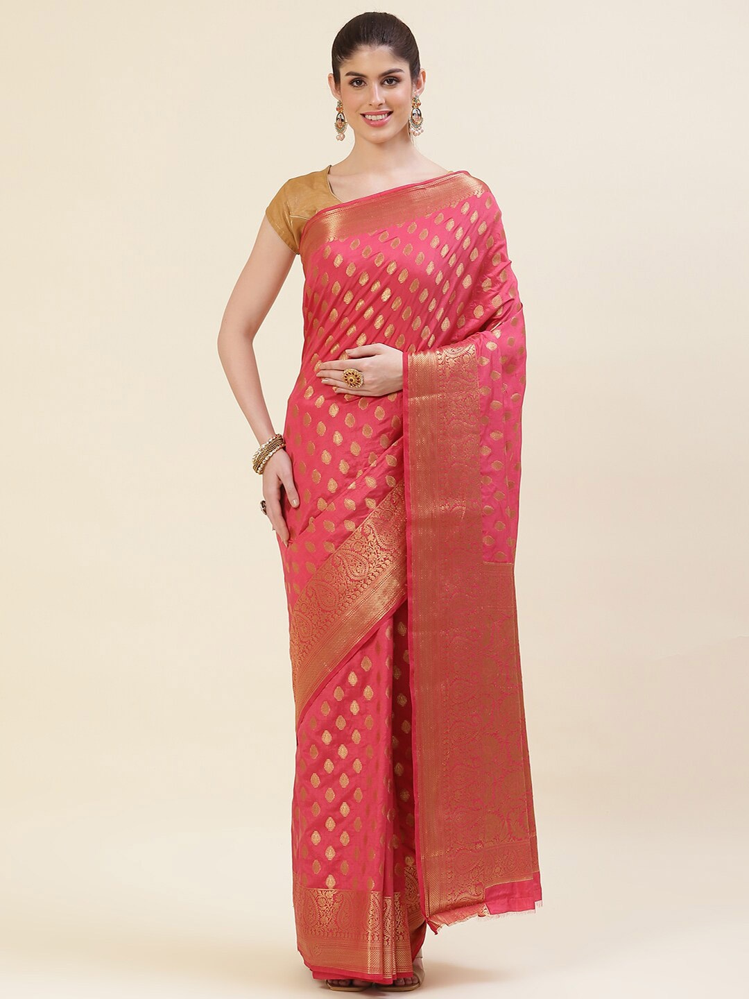 

Meena Bazaar Ethnic Motifs Woven Design Zari Saree, Pink