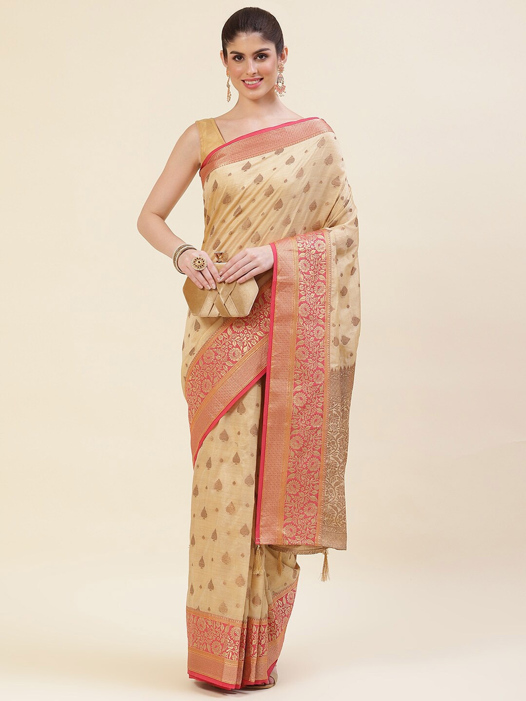 

Meena Bazaar Ethnic Motifs Woven Design Zari Art Silk Saree, Beige