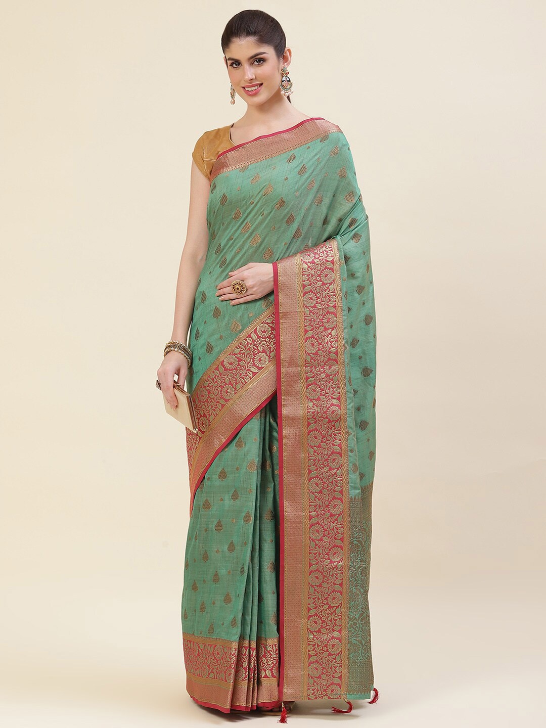 

Meena Bazaar Ethnic Motifs Woven Design Zari Art Silk Saree, Sea green