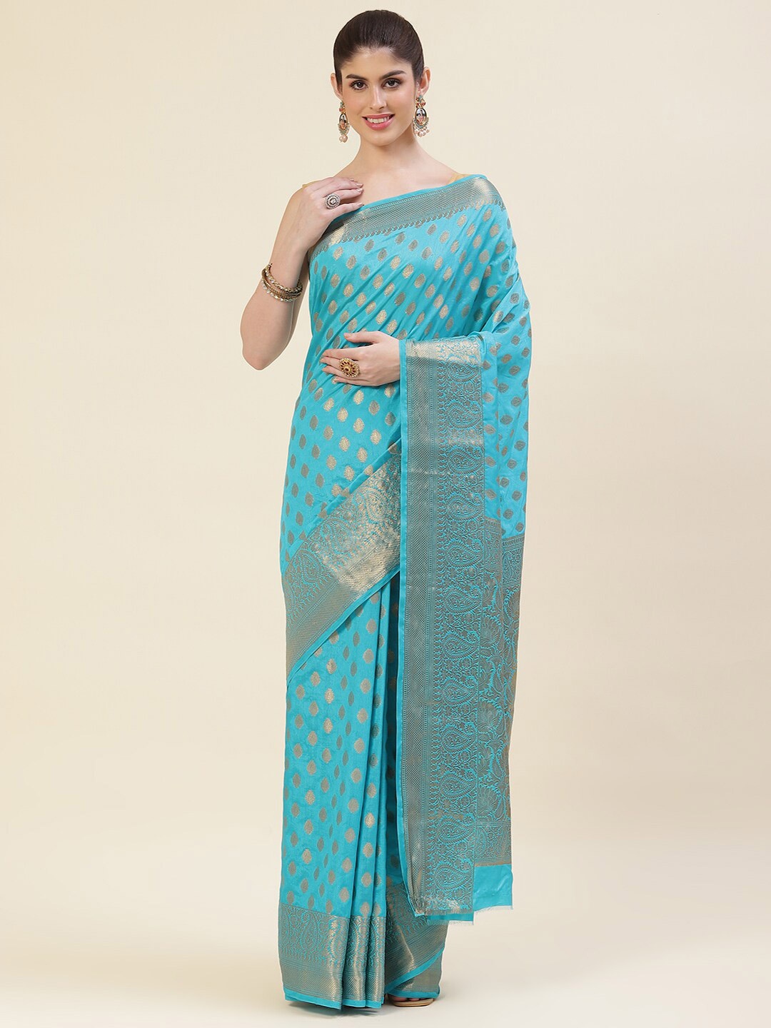 

Meena Bazaar Ethnic Motifs Woven Design Zari Art Silk Saree, Blue