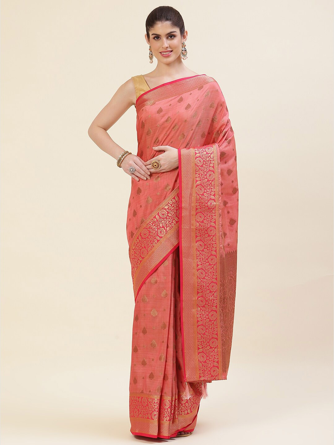 

Meena Bazaar Ethnic Motifs Woven Design Zari Art Silk Saree, Pink