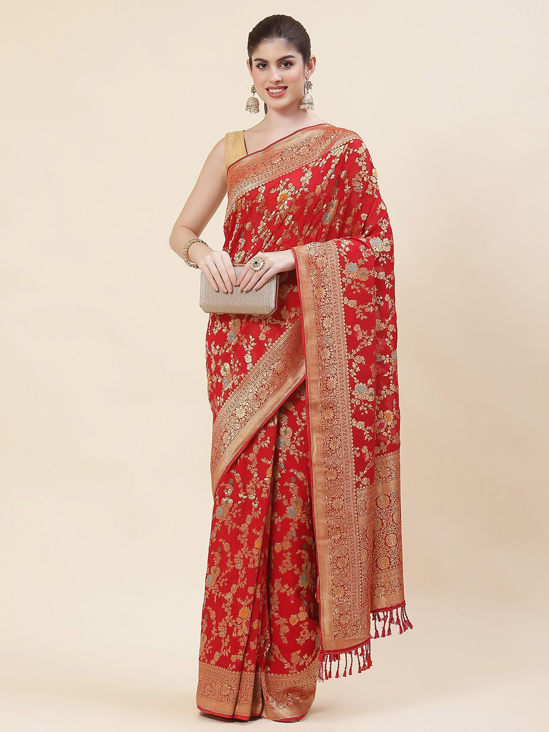 

Meena Bazaar Floral Woven Design Zari Georgette Saree, Red