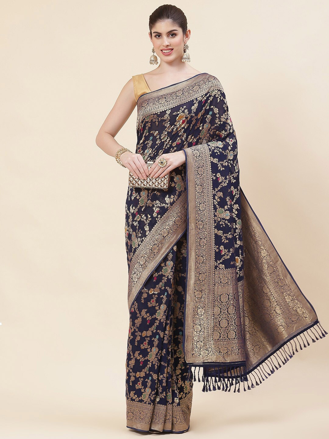 

Meena Bazaar Floral Woven Design Zari Georgette Saree, Navy blue