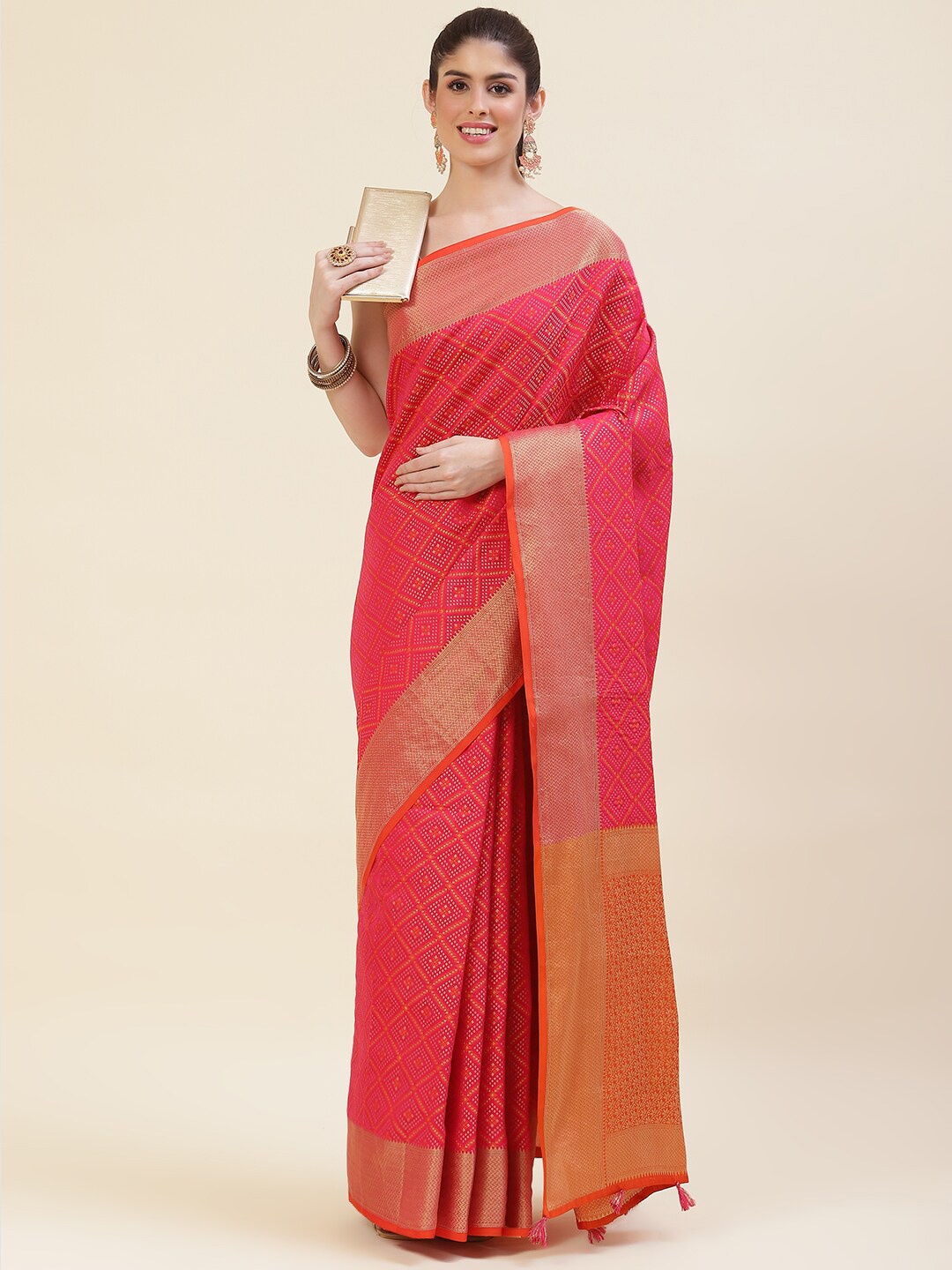 

Meena Bazaar Ethnic Motifs Woven Design Zari Art Silk Saree, Pink