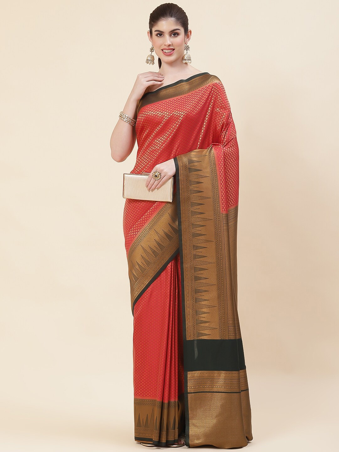 

Meena Bazaar Ethnic Motifs Woven Design Zari Art Silk Saree, Pink