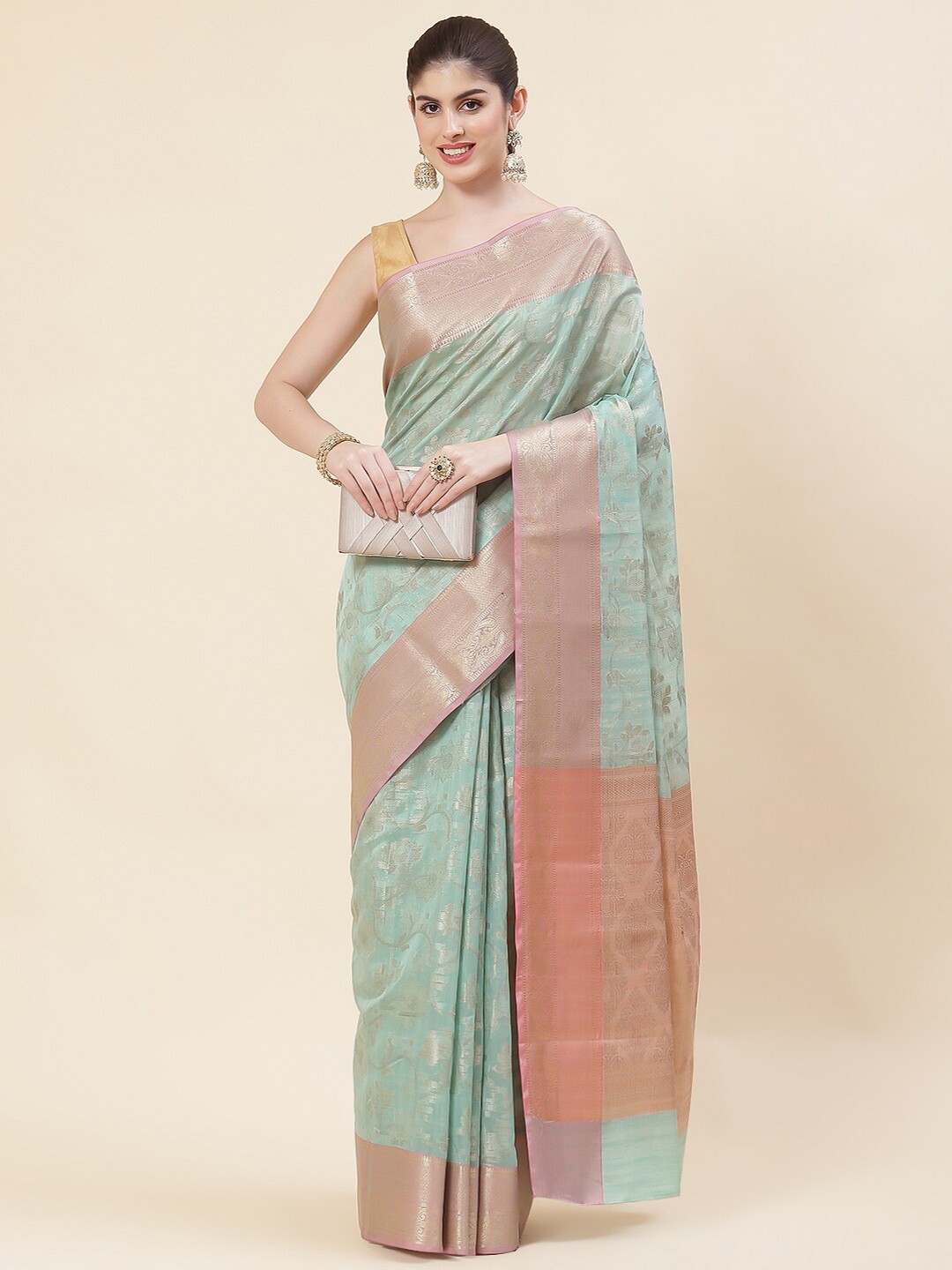 

Meena Bazaar Floral Woven Design Zari Saree, Sea green