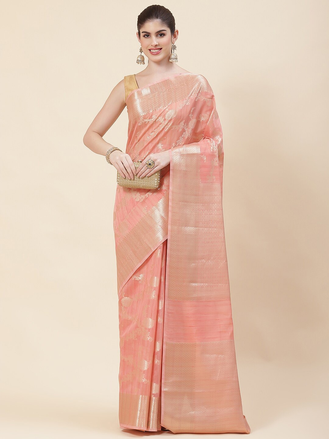 

Meena Bazaar Woven Design Zari Saree, Peach