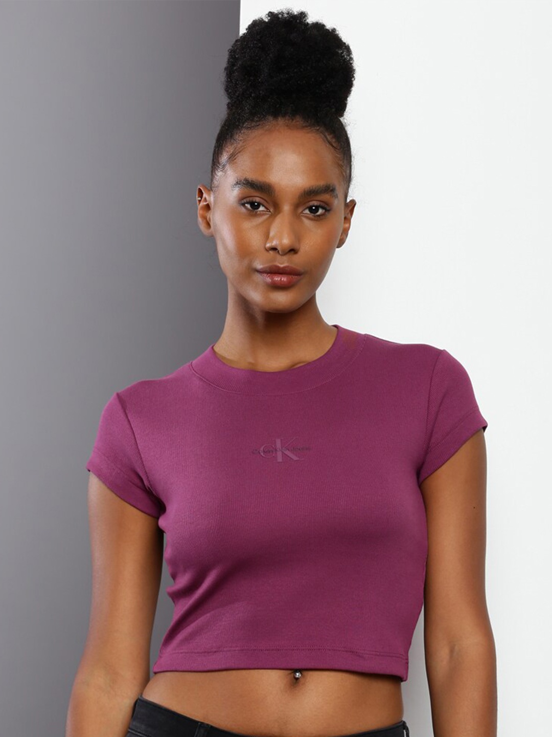 

Calvin Klein Jeans Brand Logo Printed Round Neck Crop T-shirt, Mauve