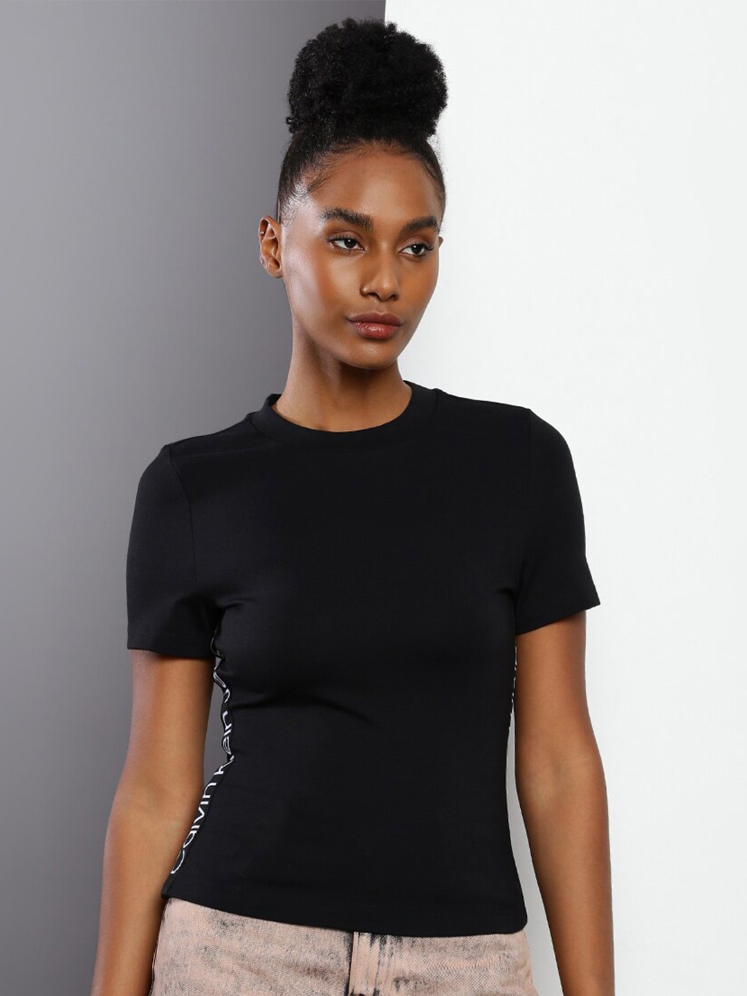 

Calvin Klein Jeans Brand Logo Printed Round Neck Slim Fit T-shirt, Black