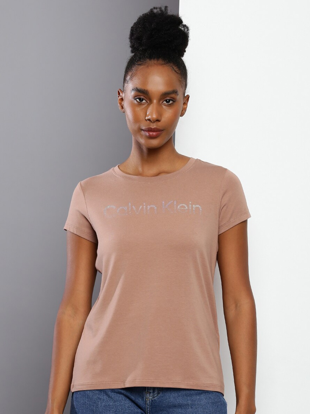 

Calvin Klein Jeans Brand Logo Printed Round Neck T-Shirt, Brown