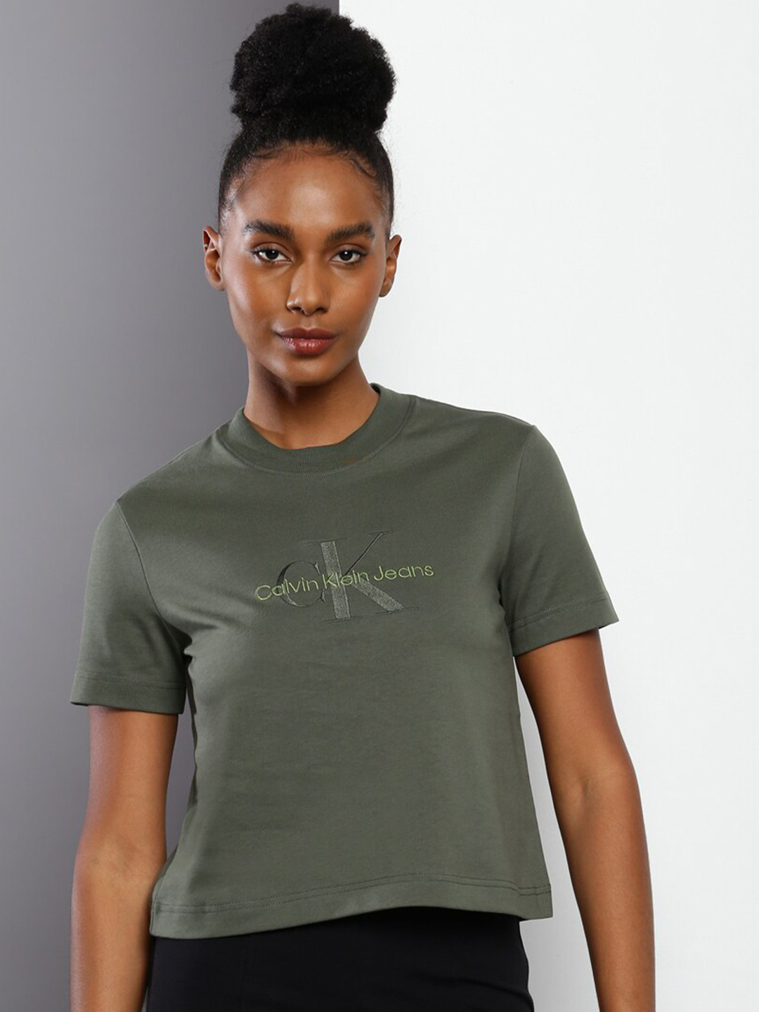 

Calvin Klein Jeans Brand Logo Printed Round Neck Crop Pure Cotton T-shirt, Green