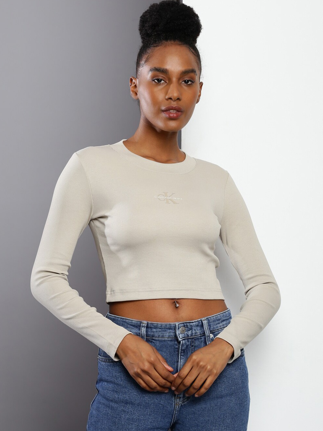 

Calvin Klein Jeans Brand Logo Printed Round Neck Crop T-shirt, Taupe