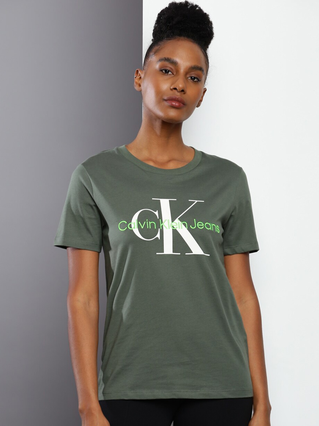 

Calvin Klein Jeans Brand Logo Printed Round Neck Pure Cotton T-shirt, Green