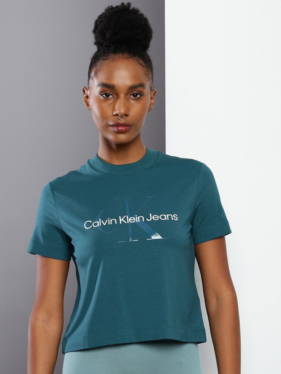 

Calvin Klein Jeans Brand Logo Printed Round Neck Crop Pure Cotton T-shirt, Teal