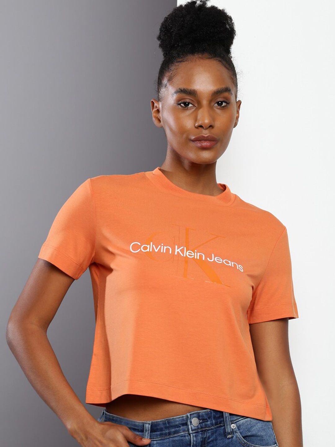 

Calvin Klein Jeans Brand Logo Printed Round Neck Crop Pure Cotton T-shirt, Orange