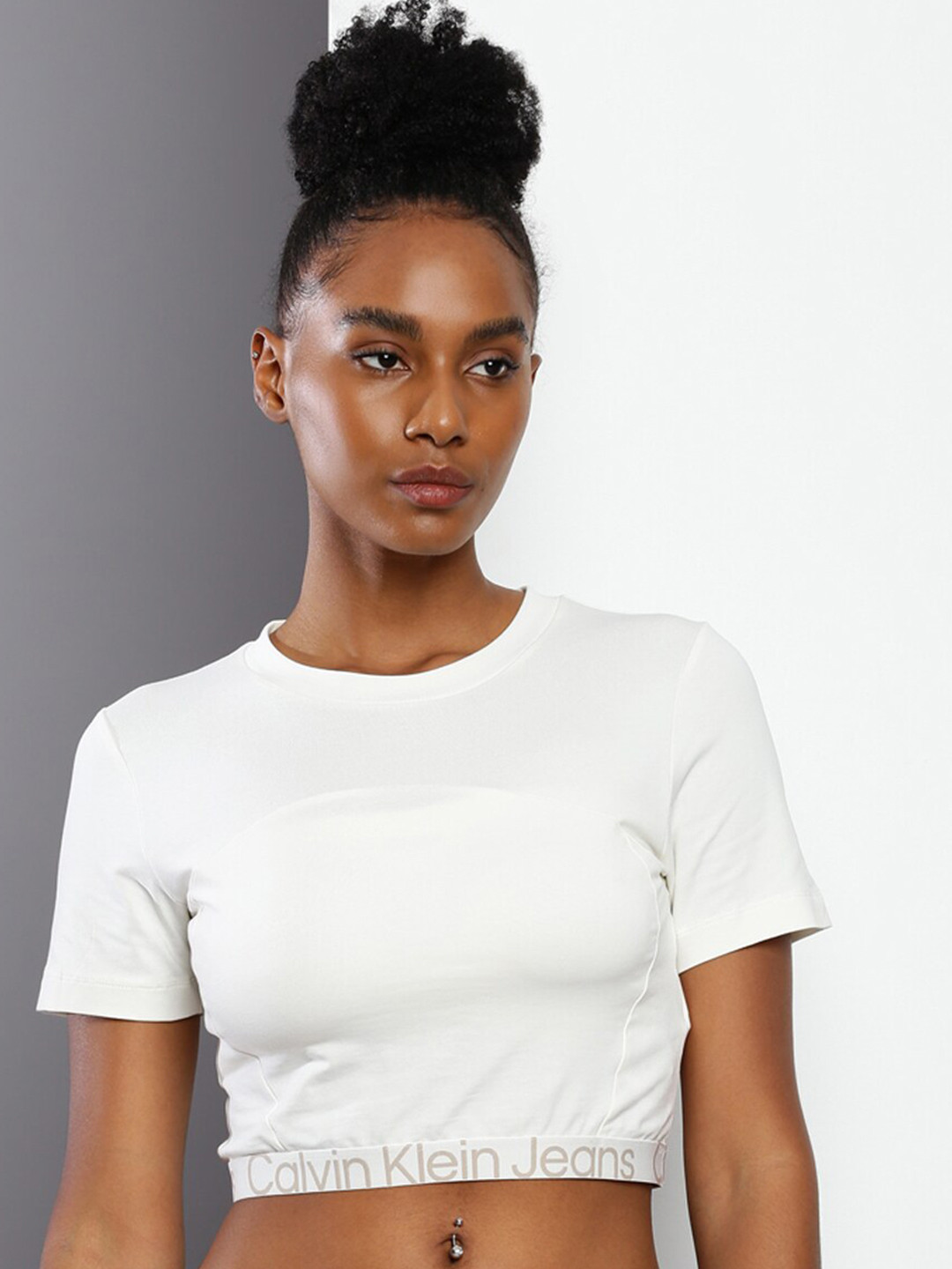 

Calvin Klein Jeans Round Neck Crop T-Shirt, Beige