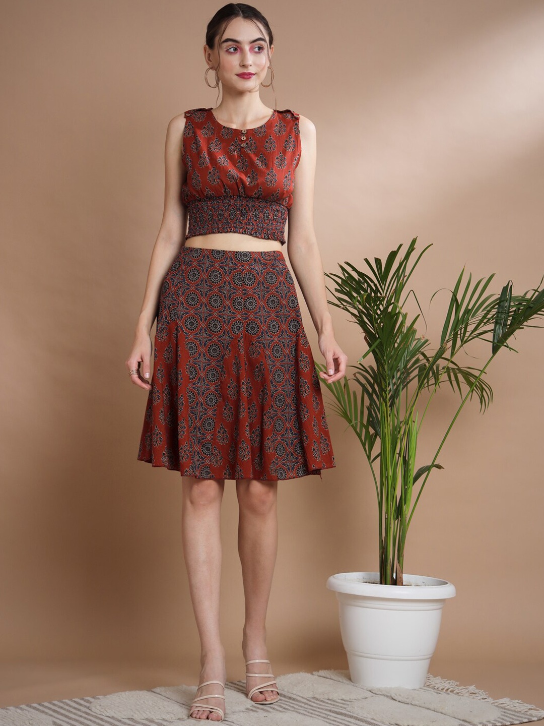 

DressBerry Rust Printed Pure Cotton Top With Skirt
