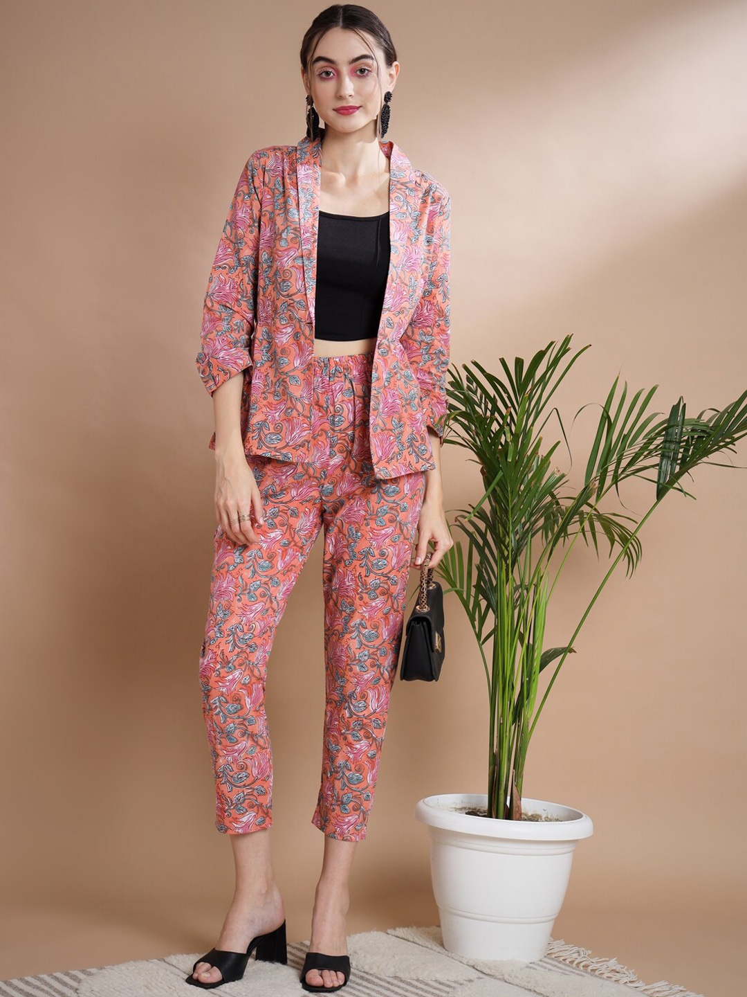 

DressBerry Pink Printed Pure Cotton Coat With Trousers