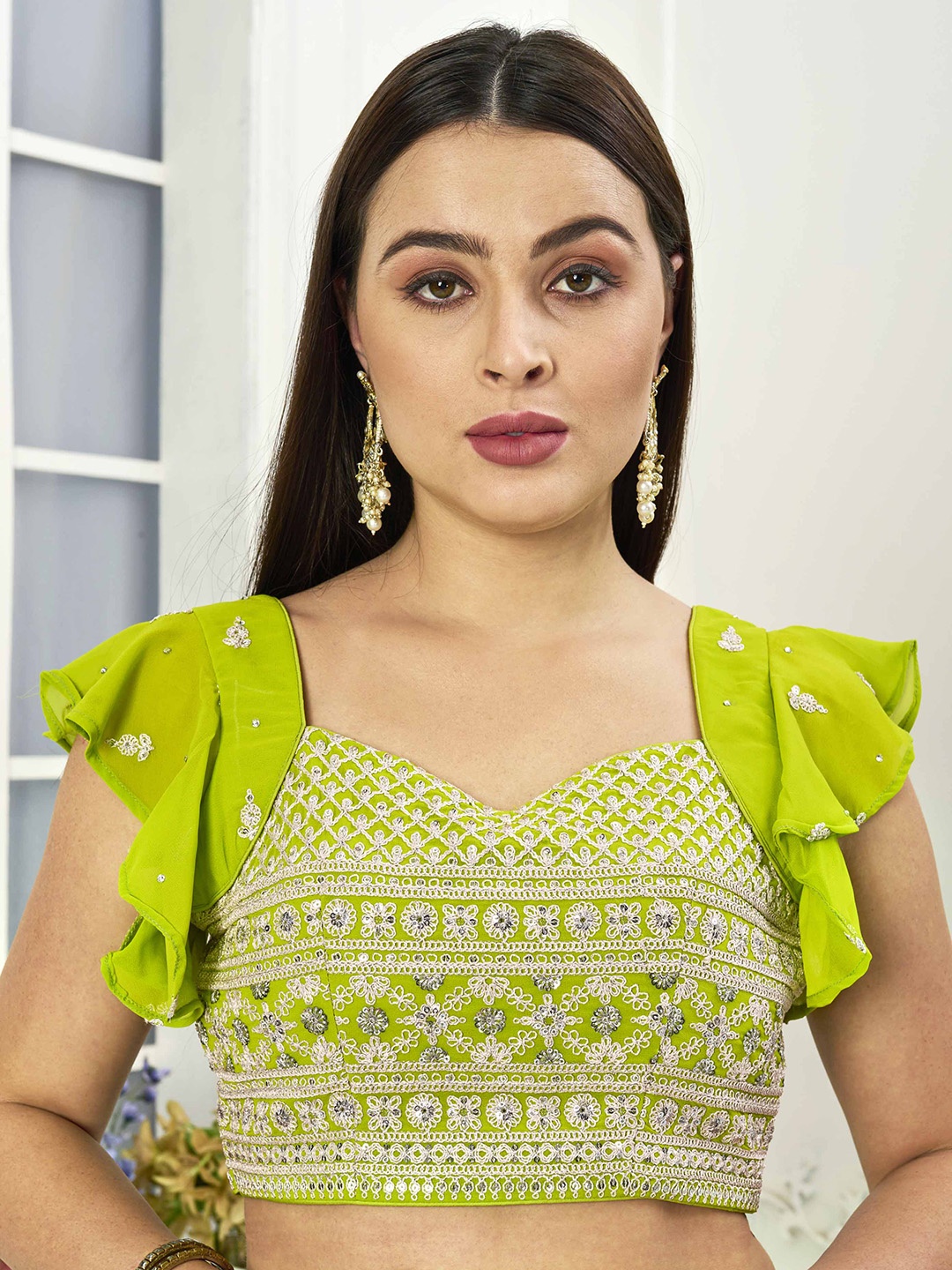 

Ethnovog Sequinned Sweetheart-Neck Saree Blouse, Green