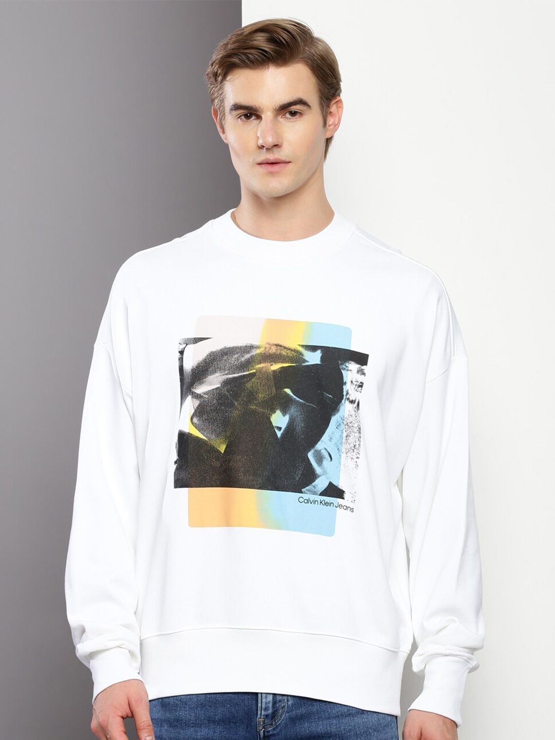 

Calvin Klein Jeans Graphic Printed Pure Cotton Pullover Sweatshirt, White