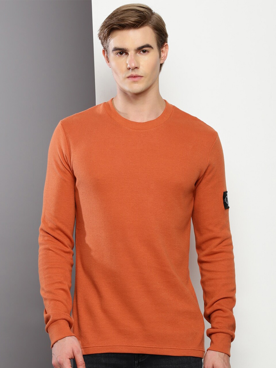 

Calvin Klein Jeans Self Design Round Neck Cotton Slim Fit T-Shirt, Rust