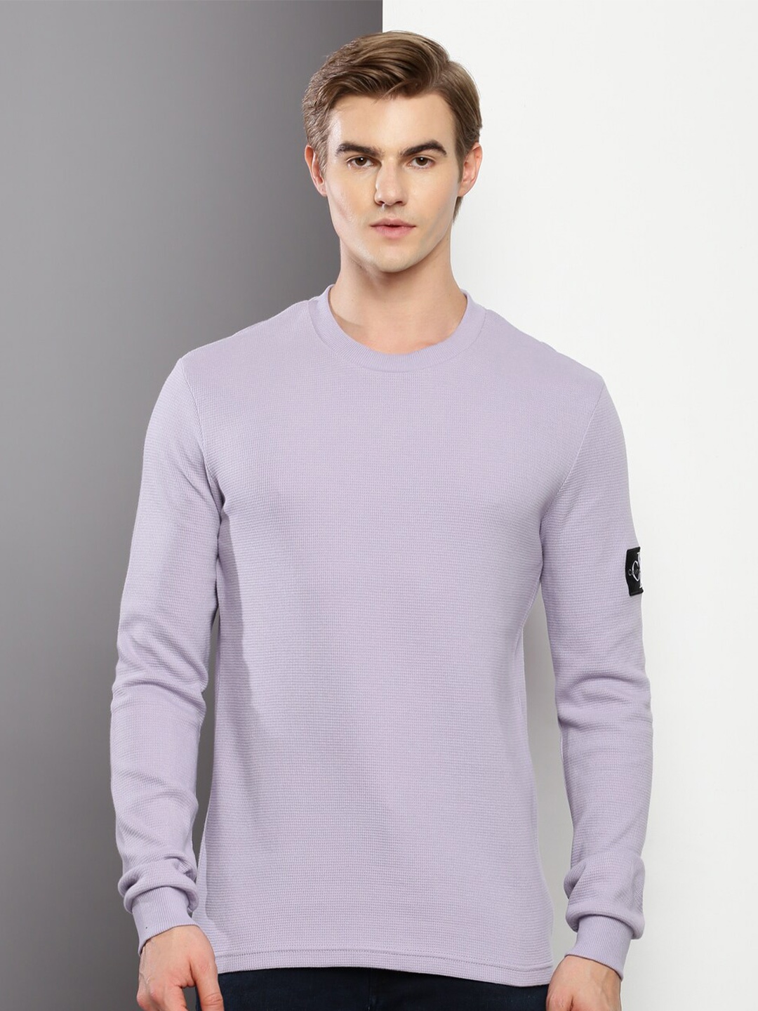 

Calvin Klein Jeans Self Design Round Neck Cotton Slim Fit T-Shirt, Lavender