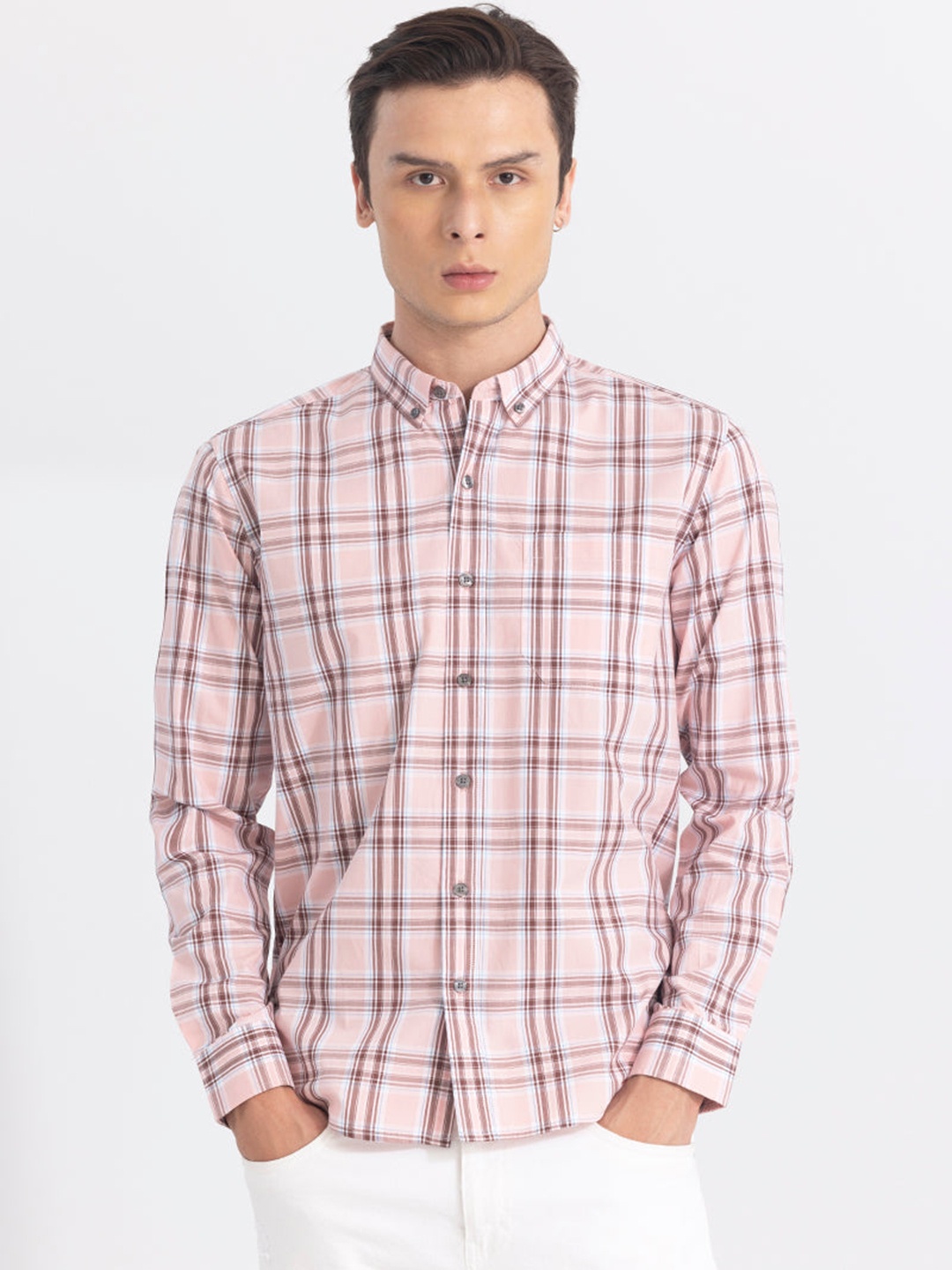 

Snitch Pink Classic Slim Fit Tartan Checks Opaque Pure Cotton Casual Shirt