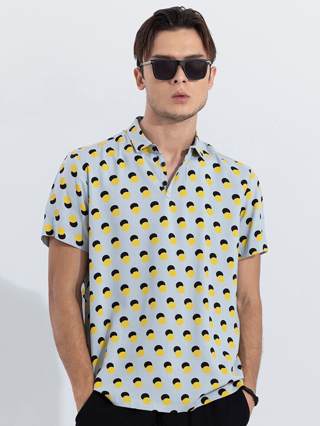 

Snitch Yellow, Grey & Black Conversational Printed Polo Collar T-shirt